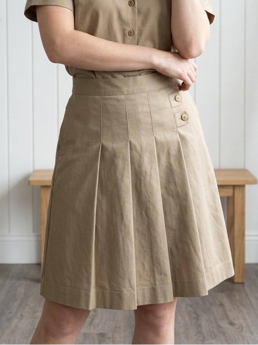 Vintage Khaki Pleated Mini A-Line Skirt Size 28 Quality Made